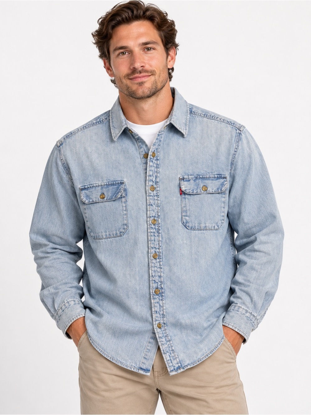 Levi’s Denim Shirt Mens XL Light Wash Two Horse Button Down Cotton Western